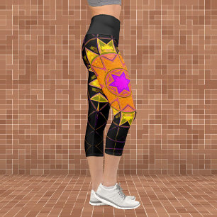 Mosaic Kaleidoscope Flower Orange Pink and BlacK L Capri Leggings