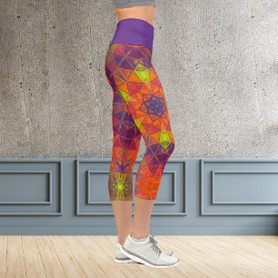 Mosaic Kaleidoscope Flower Orange Purple and Green Capri Leggings