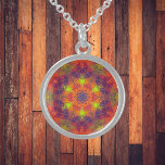 Mosaic Kaleidoscope Flower Orange Purple and Green Sterling Silver Necklace<br><div class="desc">This mosaic kaleidoscope design features brilliant oraneg,  purple,  and green tiles. A vivid geometric design inspired by fractals,  mandalas,  and stained glass mosaics. Get this beautiful trippy design now and add some groovy colours to your life!</div>