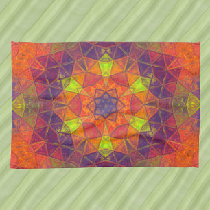 Mosaic Kaleidoscope Flower Orange Purple and Green Tea Towel