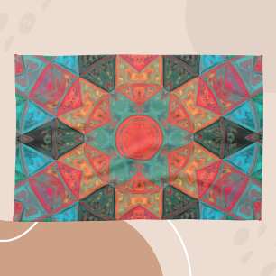 Mosaic Kaleidoscope Flower Pink and Teal Tea Towel