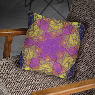 Mosaic Kaleidoscope Flower Pink and Yellow Cushion
