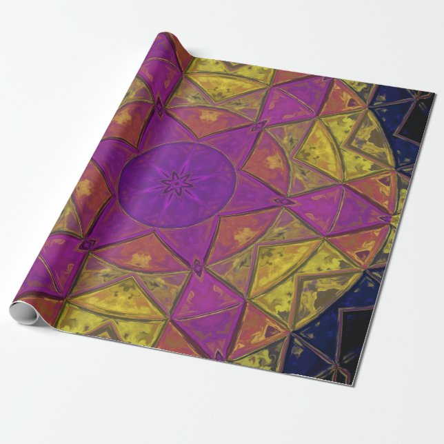 Mosaic Kaleidoscope Flower Pink and Yellow Wrapping Paper (Unrolled)