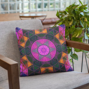 Mosaic Kaleidoscope Flower Pink Purple and Orange Cushion