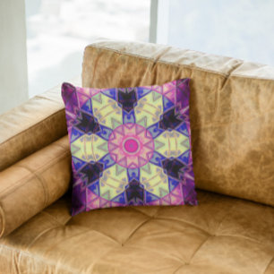 Mosaic Kaleidoscope Flower Pink Yellow and Blue Cushion
