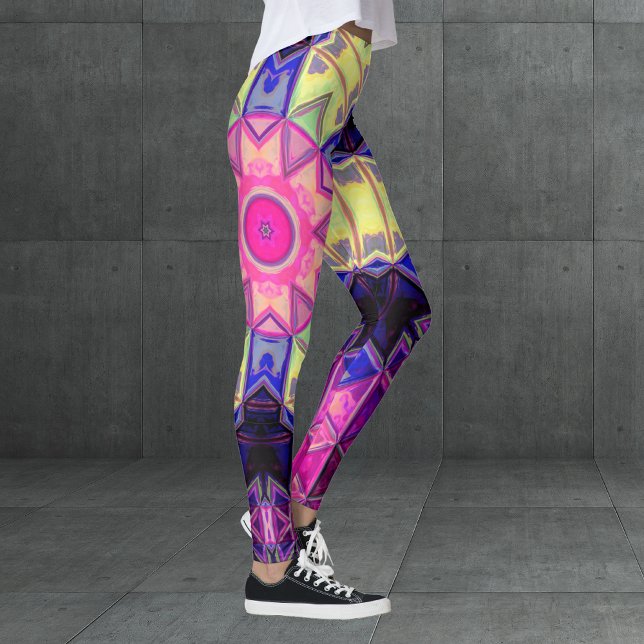 Mosaic Kaleidoscope Flower Pink Yellow and Blue Leggings (Creator Uploaded)