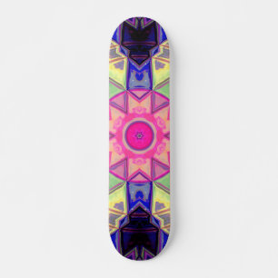 Mosaic Kaleidoscope Flower Pink Yellow and Blue Skateboard