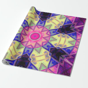 Mosaic Kaleidoscope Flower Pink Yellow and Blue Wrapping Paper