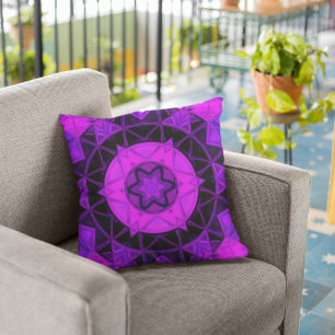 Mosaic Kaleidoscope Flower Purple and Black Cushion