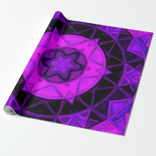Mosaic Kaleidoscope Flower Purple and Black Wrapping Paper (Unrolled)