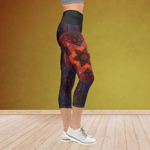 Mosaic Kaleidoscope Flower Purple Orange and Blue Capri Leggings