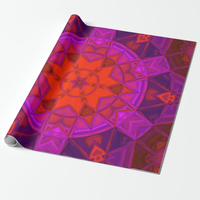Mosaic Kaleidoscope Flower Purple Pink and Red Wrapping Paper (Unrolled)