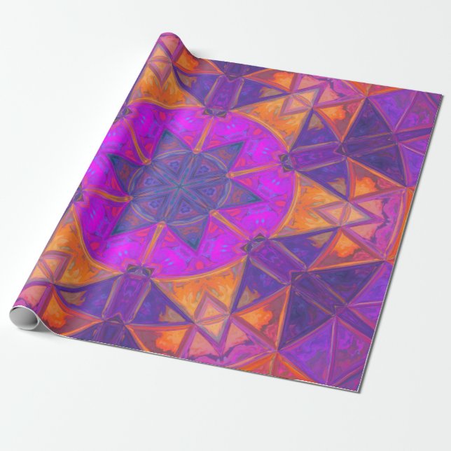 Mosaic Kaleidoscope Flower Purple Pink and Yellow Wrapping Paper (Unrolled)