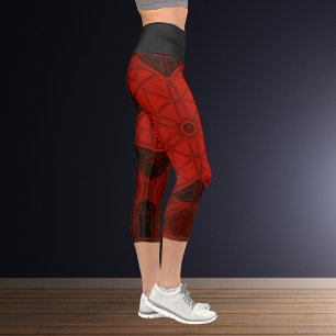 Mosaic Kaleidoscope Flower Red and Black Leggings