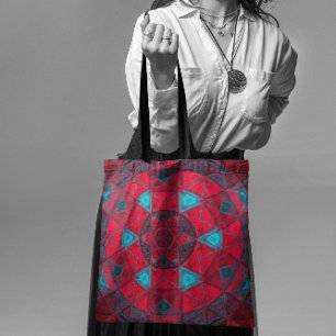 Mosaic Kaleidoscope Flower Red and Blue Tote Bag