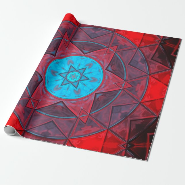 Mosaic Kaleidoscope Flower Red and Blue Wrapping Paper (Unrolled)