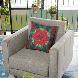 Mosaic Kaleidoscope Flower Red and Teal Cushion
