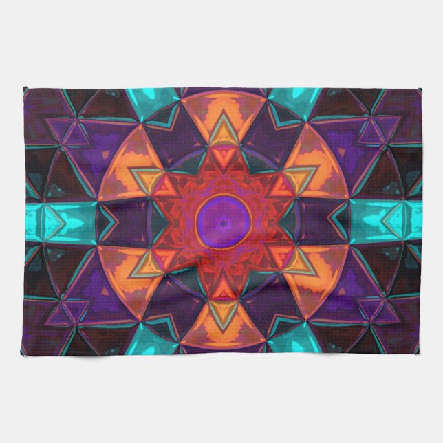 Mosaic Kaleidoscope Flower Red Orange and Blue Tea Towel (Horizontal)