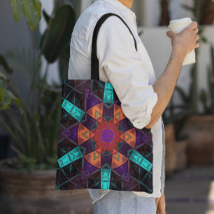 Mosaic Kaleidoscope Flower Red Orange and Blue Tote Bag