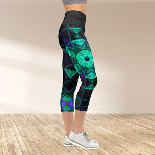 Mosaic Kaleidoscope Flower Teal Black and Blue Leg Capri Leggings