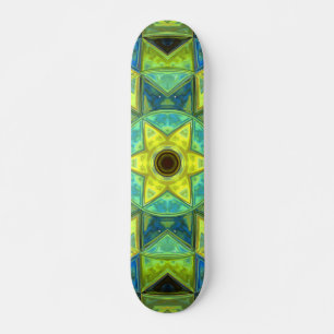 Mosaic Kaleidoscope Flower Yellow and Blue Skateboard