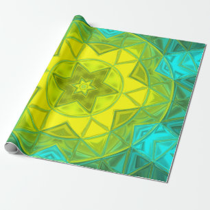Mosaic Kaleidoscope Flower Yellow and Blue Wrapping Paper