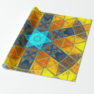 Mosaic Kaleidoscope Flower Yellow and Blue Wrapping Paper