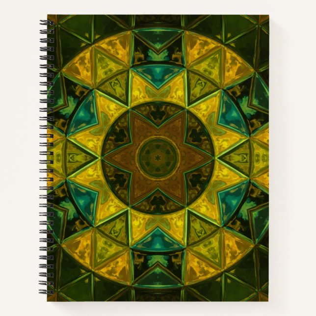 Mosaic Kaleidoscope Flower Yellow and Green Notebook (Front)
