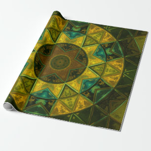 Mosaic Kaleidoscope Flower Yellow and Green Wrapping Paper