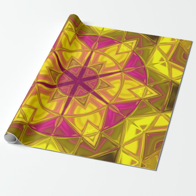 Mosaic Kaleidoscope Flower Yellow and Pink Wrapping Paper (Unrolled)