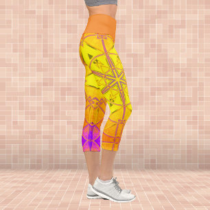 Mosaic Kaleidoscope Flower Yellow and Purple Leggi Capri Leggings