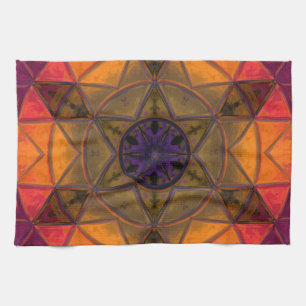 Mosaic Kaleidoscope Flower Yellow and Purple Tea Towel