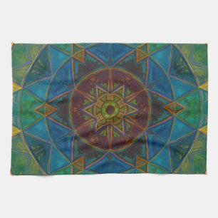 Mosaic Kaleidoscope Flower Yellow Blue and Green Tea Towel
