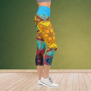 Mosaic Kaleidoscope Flower Yellow Blue and Red Leg Capri Leggings