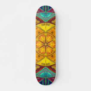 Mosaic Kaleidoscope Flower Yellow Blue and Red Skateboard
