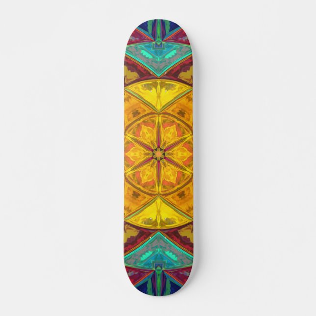 Mosaic Kaleidoscope Flower Yellow Blue and Red Skateboard (Front)