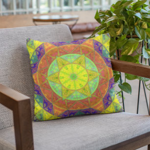 Mosaic Kaleidoscope Flower Yellow Green and Orange Cushion