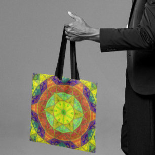 Mosaic Kaleidoscope Flower Yellow Green and Orange Tote Bag