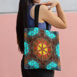 Mosaic Kaleidoscope Flower Yellow Orange and Blue Tote Bag