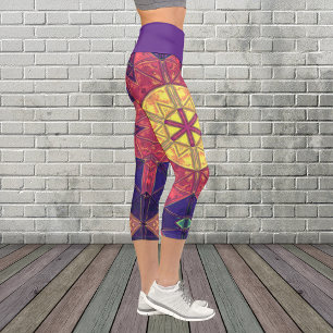 Mosaic Kaleidoscope Flower Yellow Pink and Purple Capri Leggings