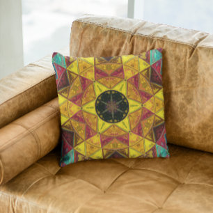 Mosaic Kaleidoscope Flower Yellow Red and Blue Cushion