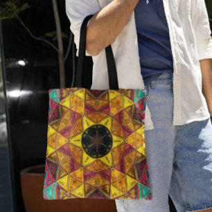 Mosaic Kaleidoscope Flower Yellow Red and Blue Tote Bag