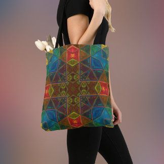 Mosaic Kaleidoscope Square Blue Red and Green Tote Bag