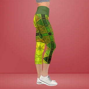 Mosaic Kaleidoscope Square Green and Yellow Leggin Capri Leggings