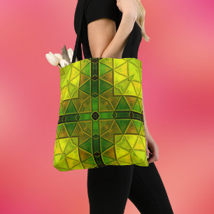 Mosaic Kaleidoscope Square Green and Yellow Tote Bag