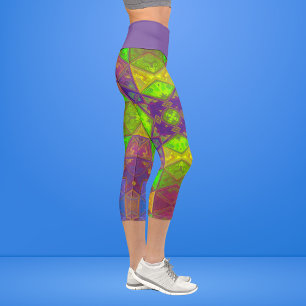 Mosaic Kaleidoscope Square Green Purple and Yellow Capri Leggings
