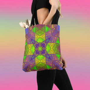 Mosaic Kaleidoscope Square Green Purple and Yellow Tote Bag