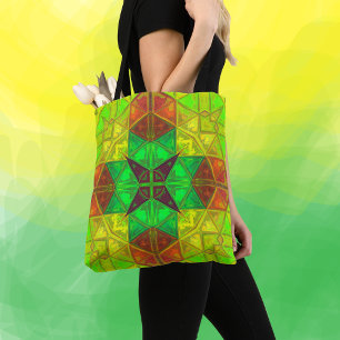 Mosaic Kaleidoscope Square Green Yellow and Orange Tote Bag