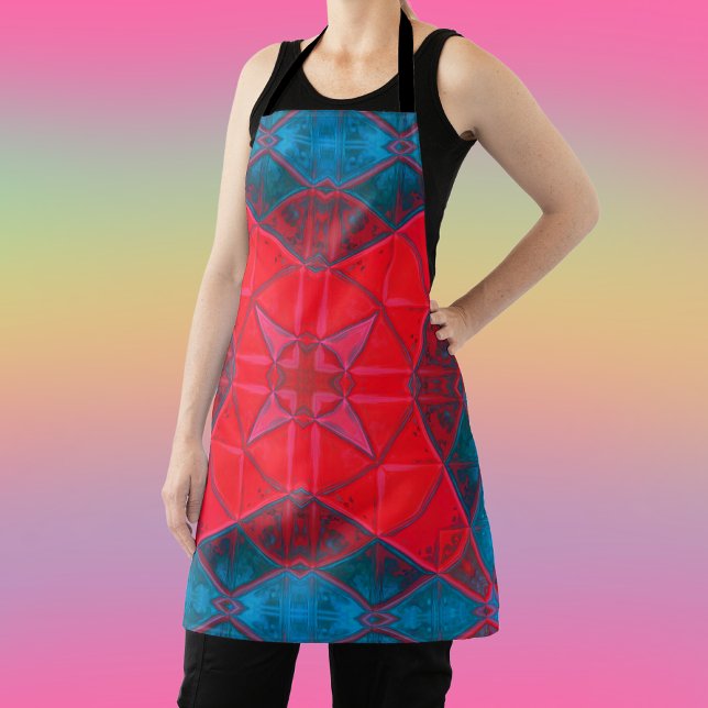 Mosaic Kaleidoscope Square Red and Blue Apron (Creator Uploaded)