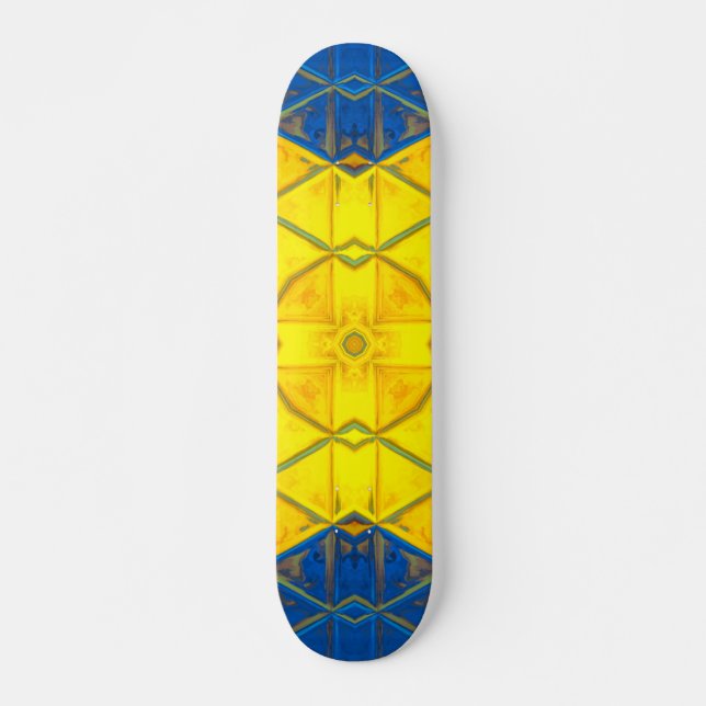 Mosaic Kaleidoscope Square Yellow and Blue Skateboard (Front)
